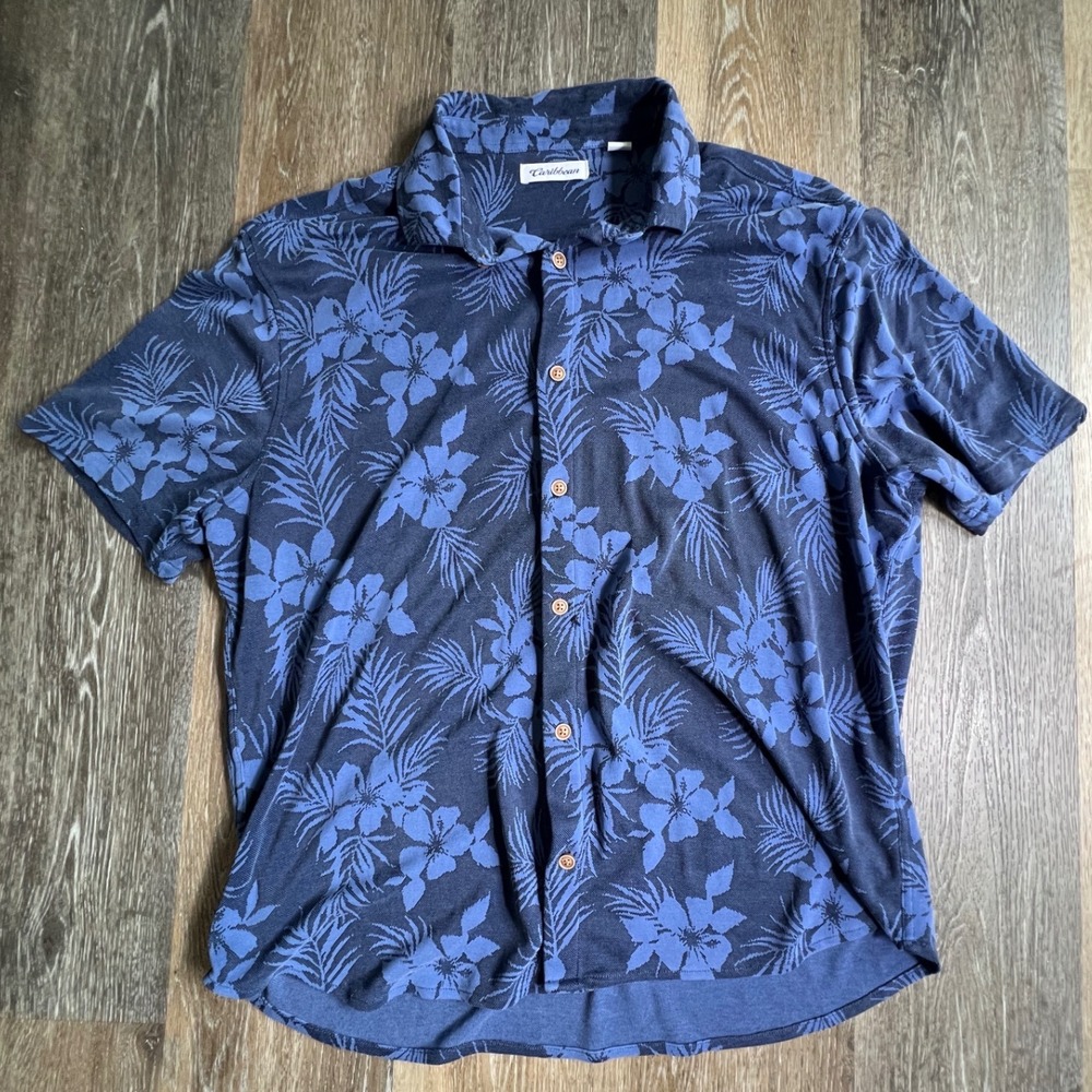 Caribbean Button Up Shirt Mens XL Blue Tropical Floral Palm Short Sleeve Pique